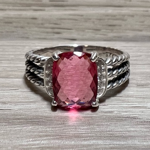 David Yurman Sterling Silver Petite Wheaton 10x8mm Pink Tourmaline/Diamond Ring - Picture 2 of 8